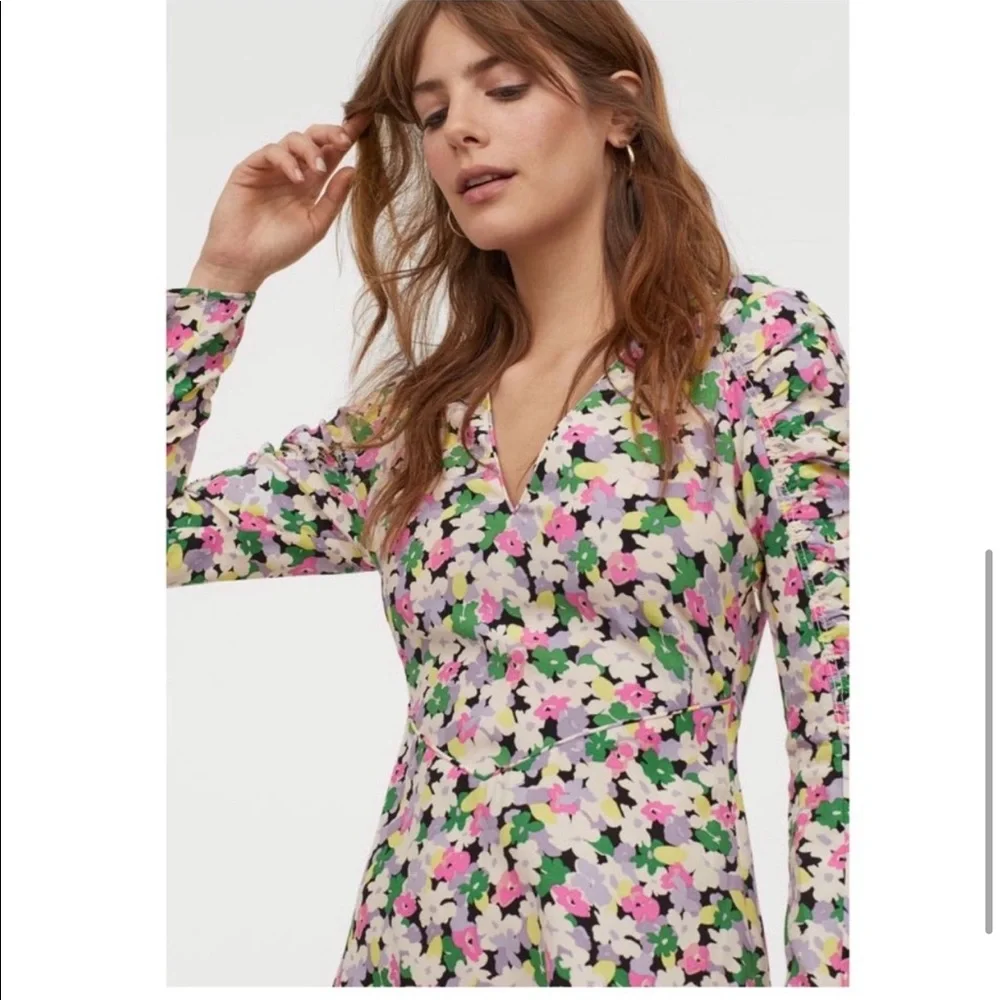 H&M Conscious Floral Print Lyocell-blend Ruched long sleeves Midi Sundress Large - Picture 5 of 15